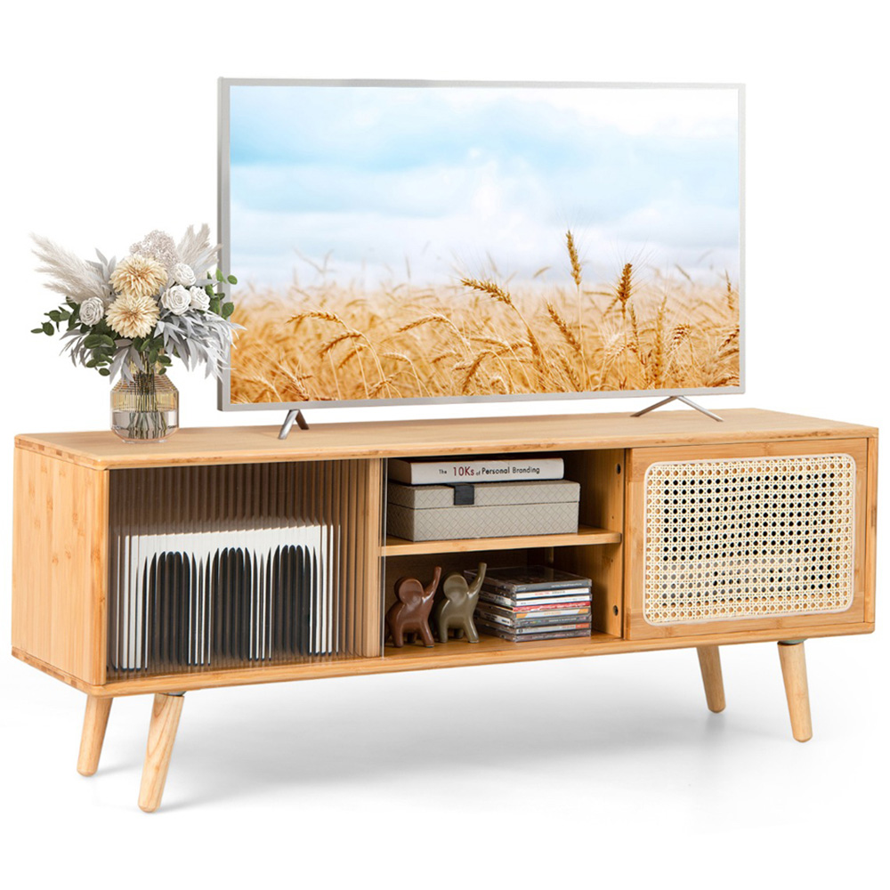 Costway 2 Door 2 Shelf Natural Bamboo TV Unit Image 4