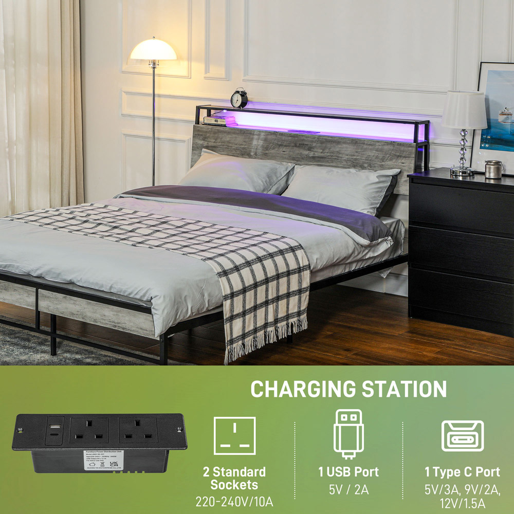 Portland King Size Cement Grey Bed Frame with Charging Station and Lights Image 5