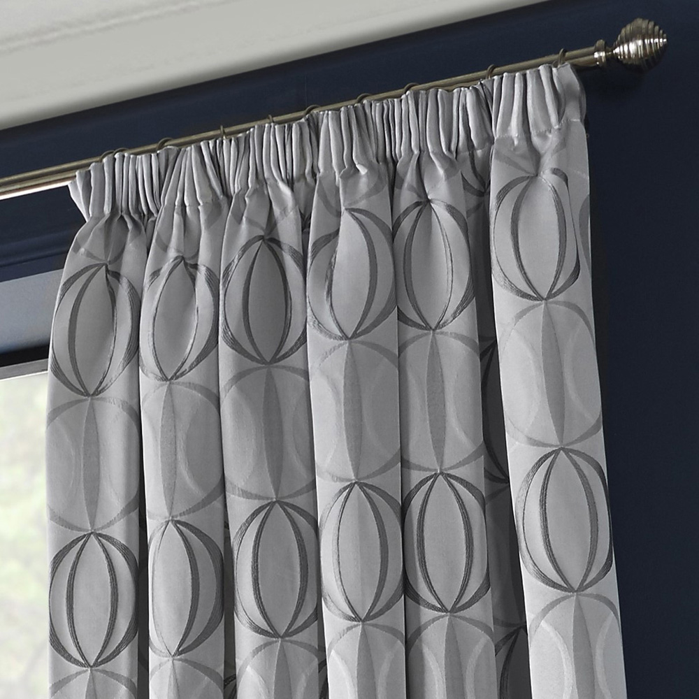 Alan Symonds Ome Silver Jacquard Lined Pencil Pleat Taped Top Curtains 117 x 228cm Image 2