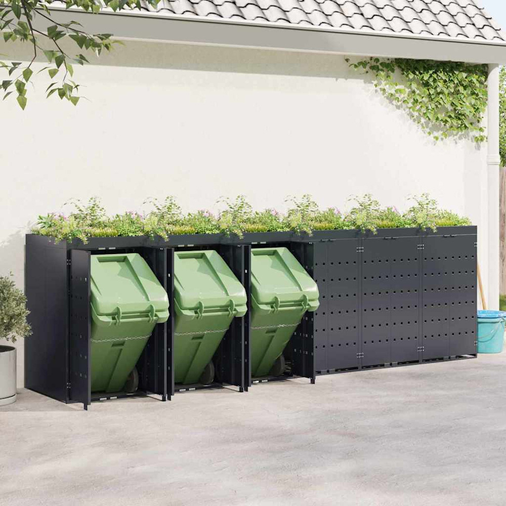 vidaXL Anthracite 6 Wheelie Bin Storage Shed with Planter Roof Image 2