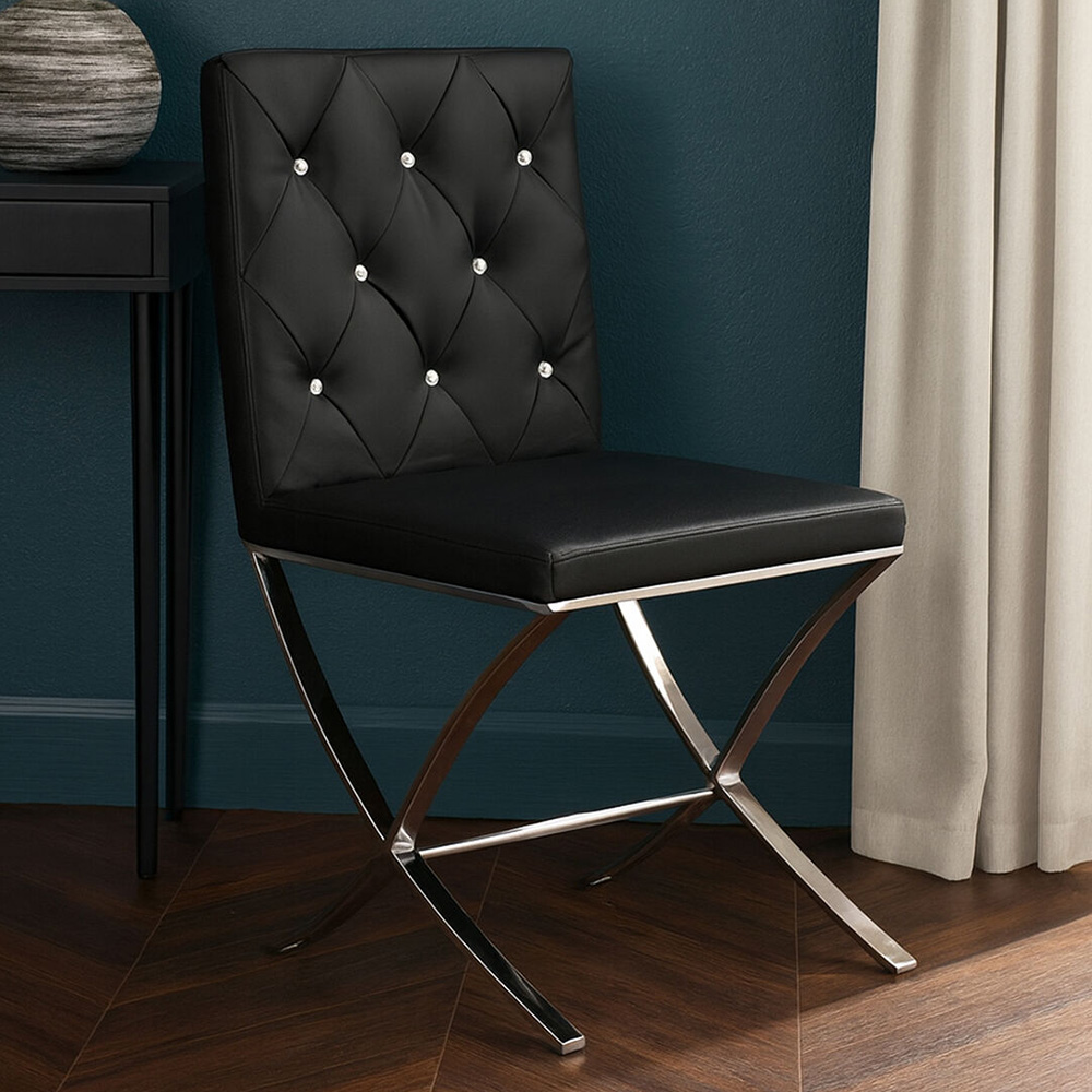 Premier Housewares Diamante Black Leather Effect Accent Chair with Stainless Steel Cross Legs Image 1