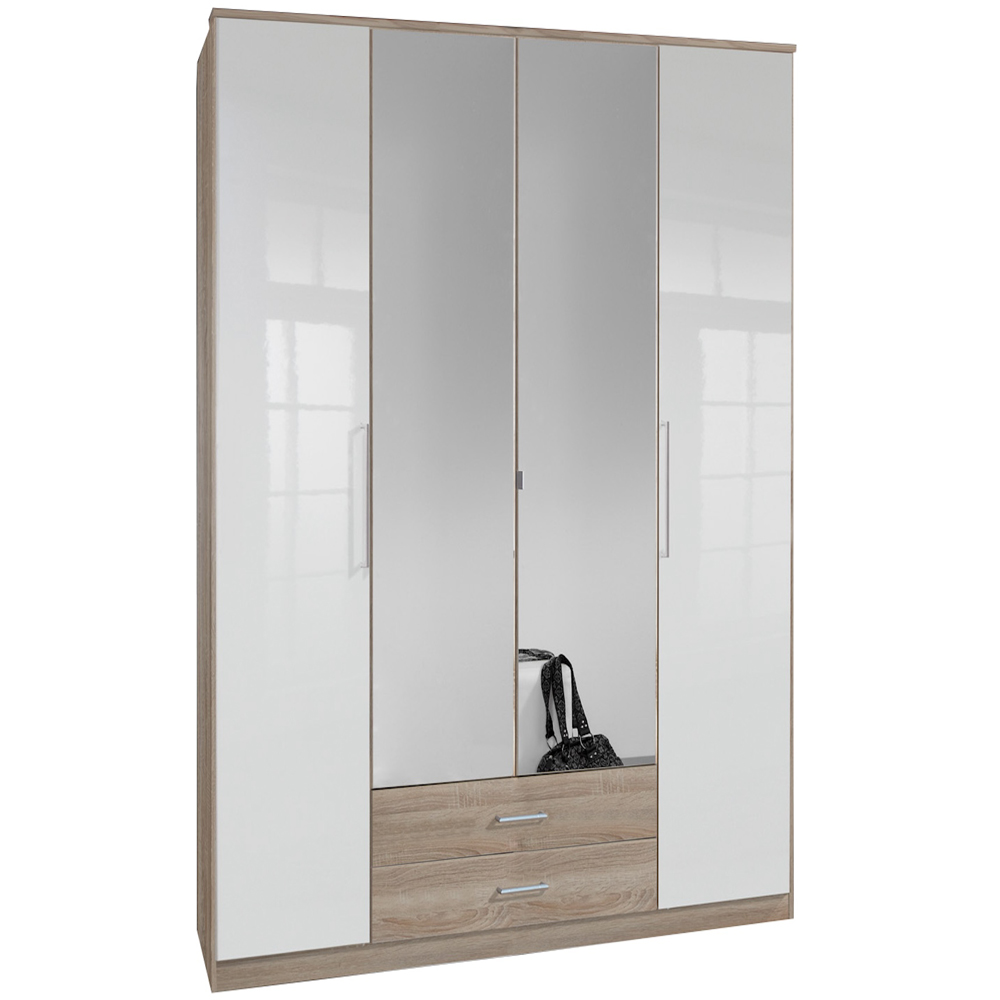 TJ'S Omega 4 Door 2 Drawer Oak and White Mirrored Wardrobe Image 2