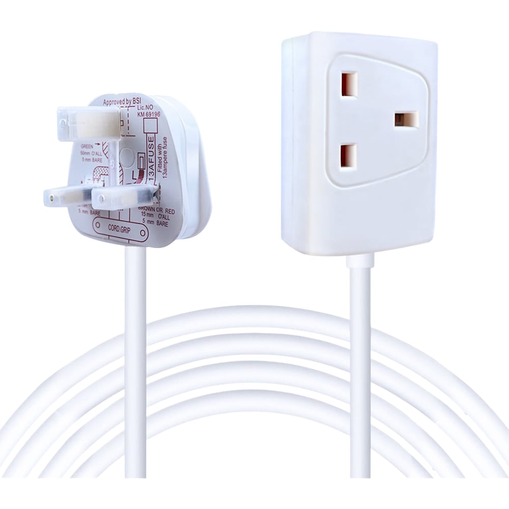 ExtraStar 13A 2m Single Socket White Extension Lead with Cable Image 1