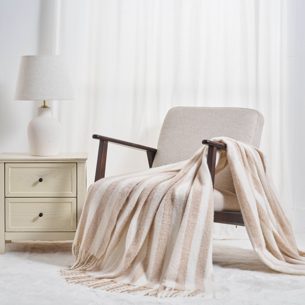 Allure Bath Fashions Taupe Faux Mohair Striped Herringbone Throw Blanket 130 x 170cm Image 2