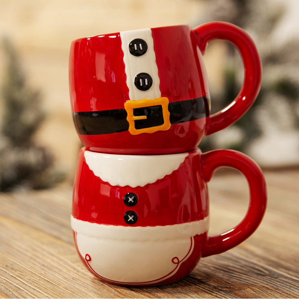 The Christmas Gift Co Red Santa and Mrs Claus Stackable Mug Set Image 3