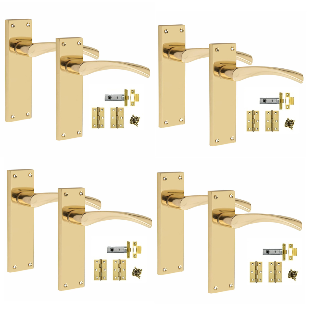 Golden Grace Polished Brass Victorian Scroll Astrid Latch Door Handle with Hinge 4 Pack 150 x 40mm Image 1
