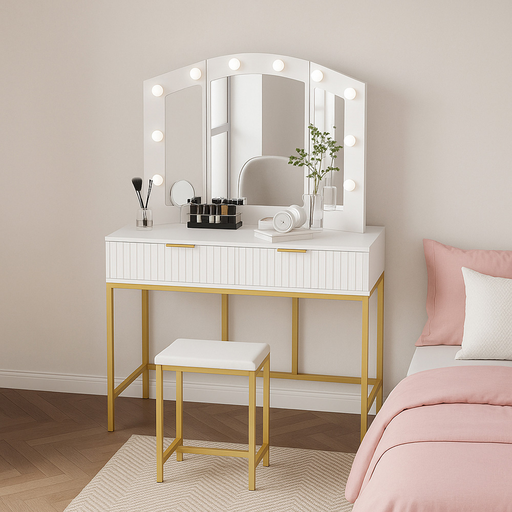 Kosy Koala Lilly 2 Drawer White and Gold Dressing Table Set with LED Mirror Image 4