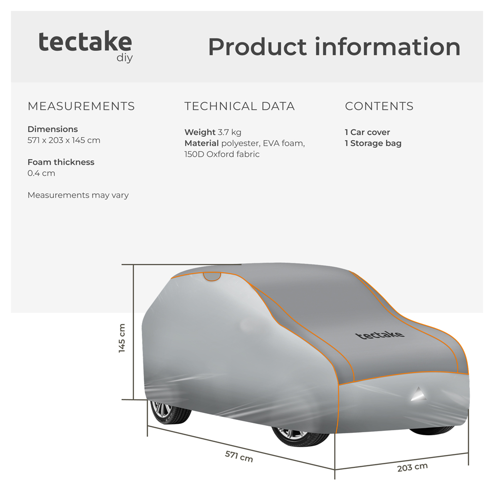 tectake Franz Padded Protection Waterproof Universal Car Cover 571 x 203 x 145cm Image 9