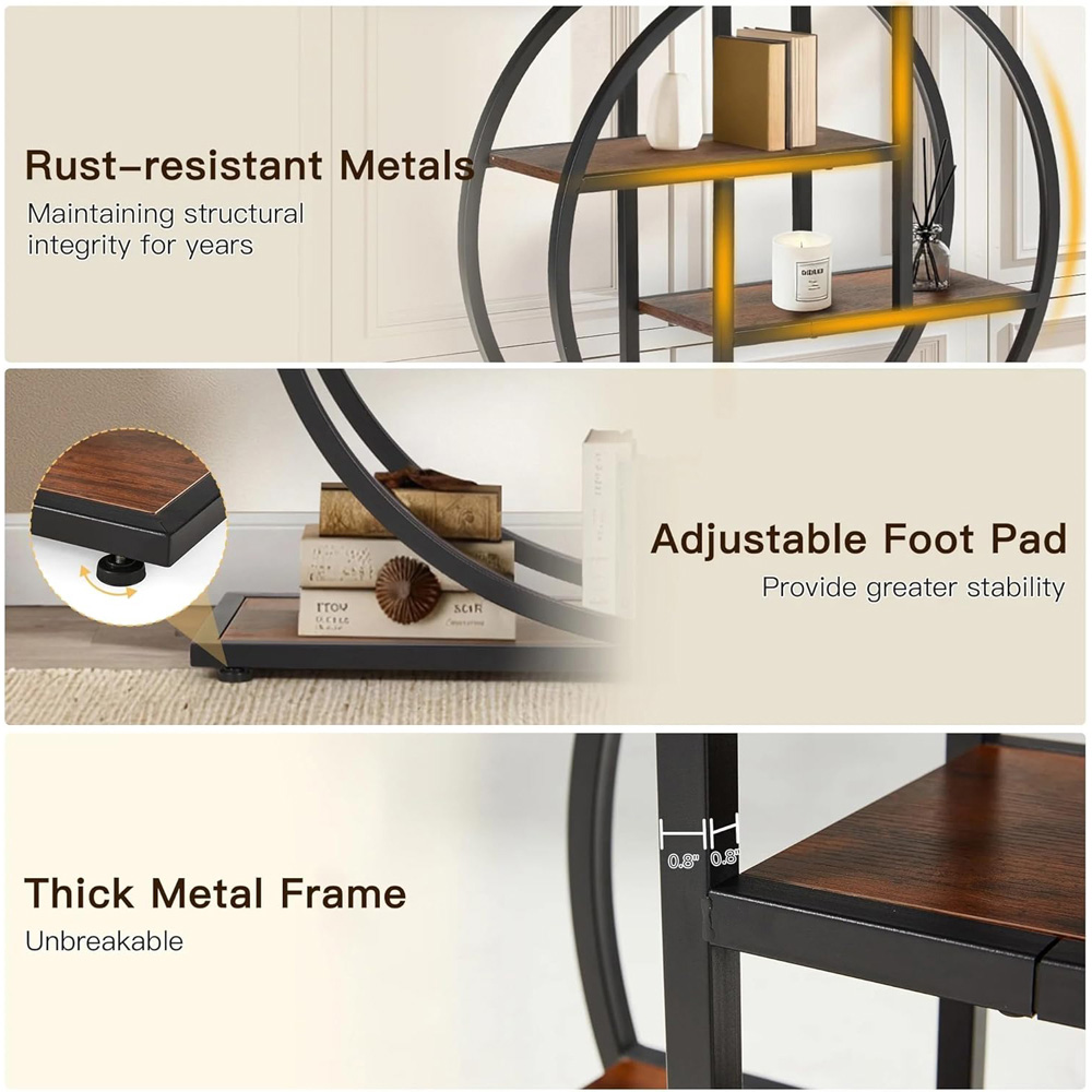 Alivio 3 Shelf Brown Rustic Wood Double Round Metal Frame Console Table Image 8