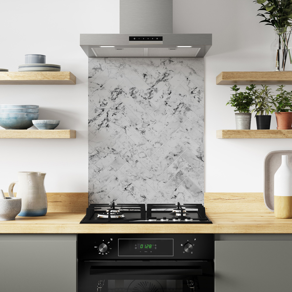ALLOY Carrara Marble Herringbone Kitchen Hob Splashback 600 x 800 x 4mm Image 1