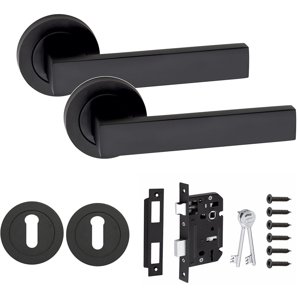 Golden Grace Delta Matt Black Door Handle Pair 3 Lever Mortise and Key Hole 64mm Image 1