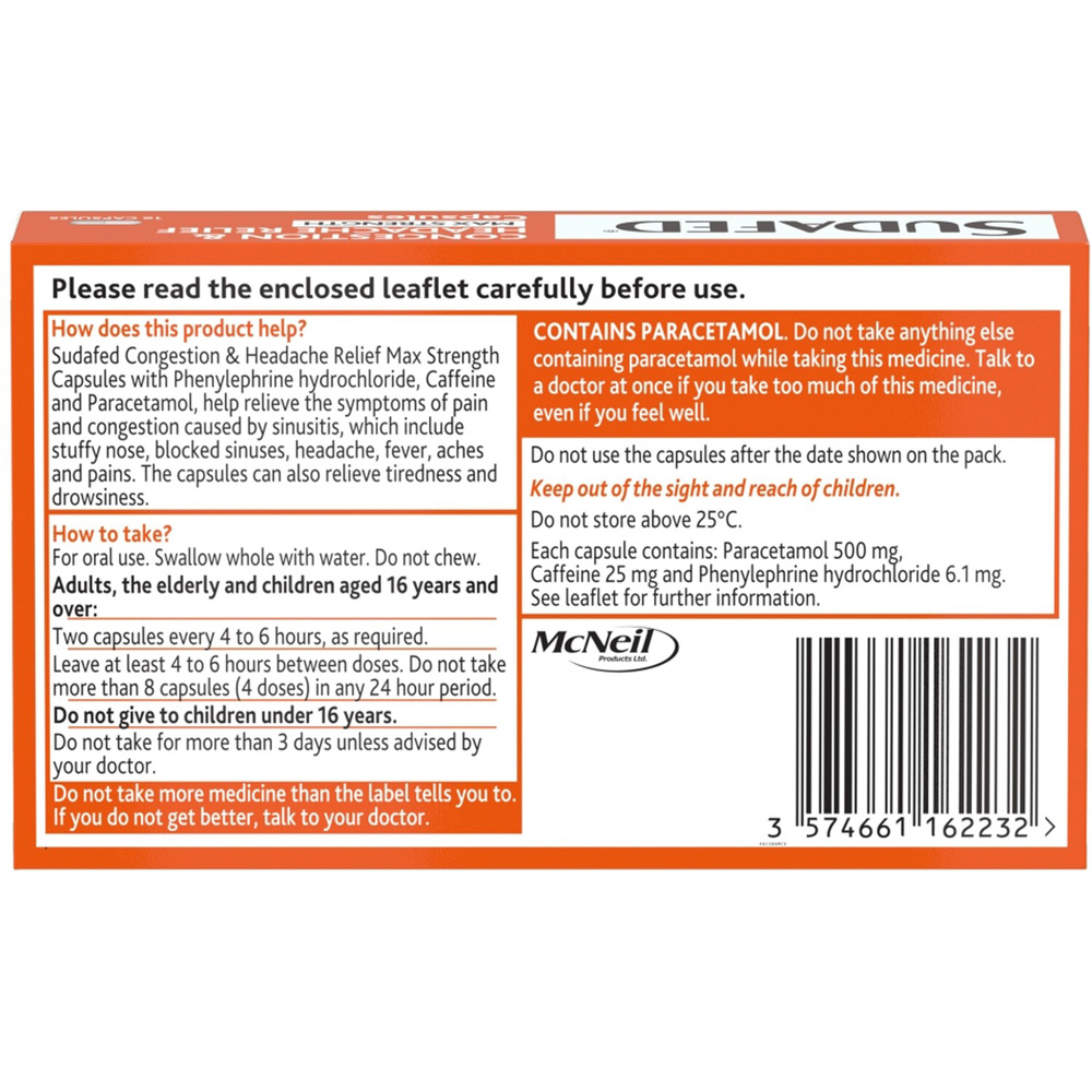 Sudafed Congestion and Headache Relief Max Strength Capsules Image 3