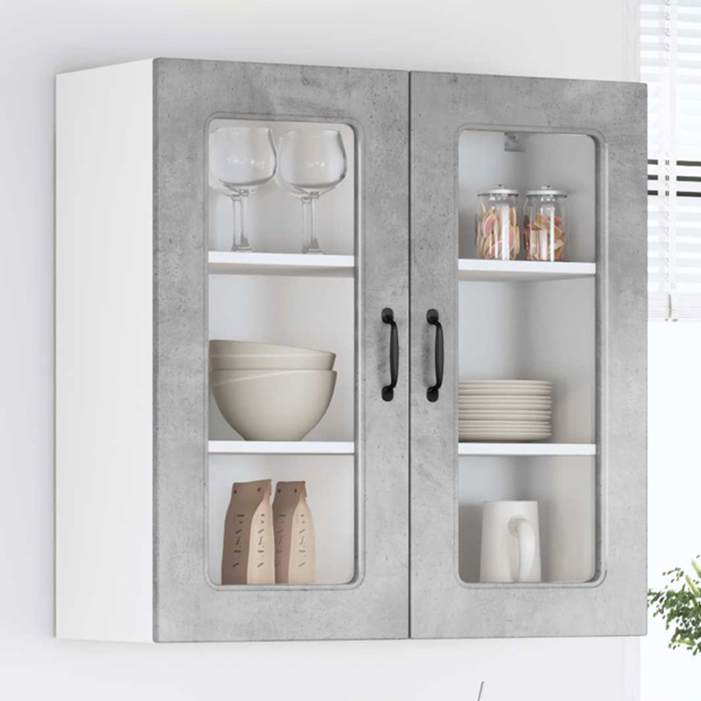 vidaXL 2 Glass Door Concrete Grey Kitchen Wall Cabinet Image 1