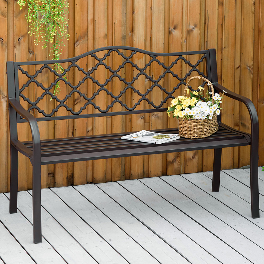 Outsunny 2 Seater Brown Cast Iron Antique Garden Bench with Armrest Image 1