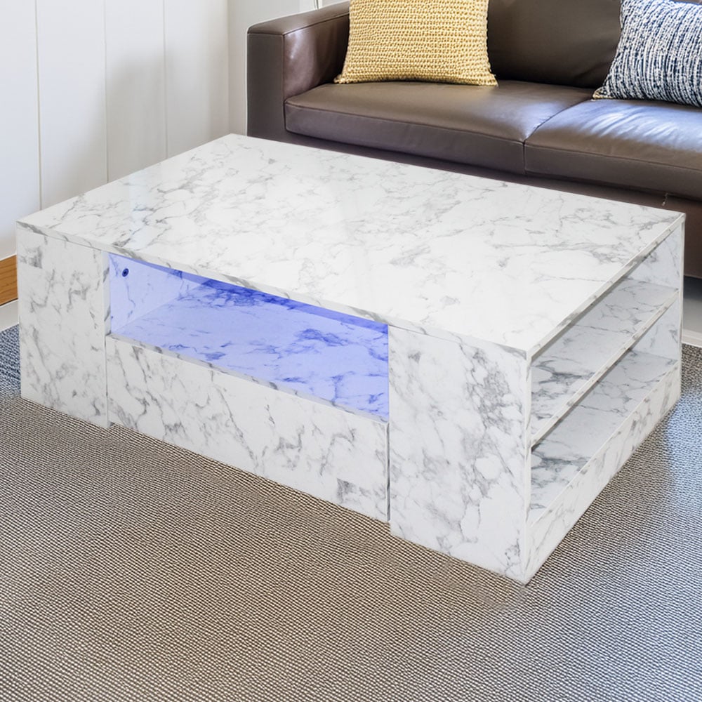 Comfy Living 5 Shelf 2 Drawer White Marble Effect High Gloss LED Coffee Table Image 1