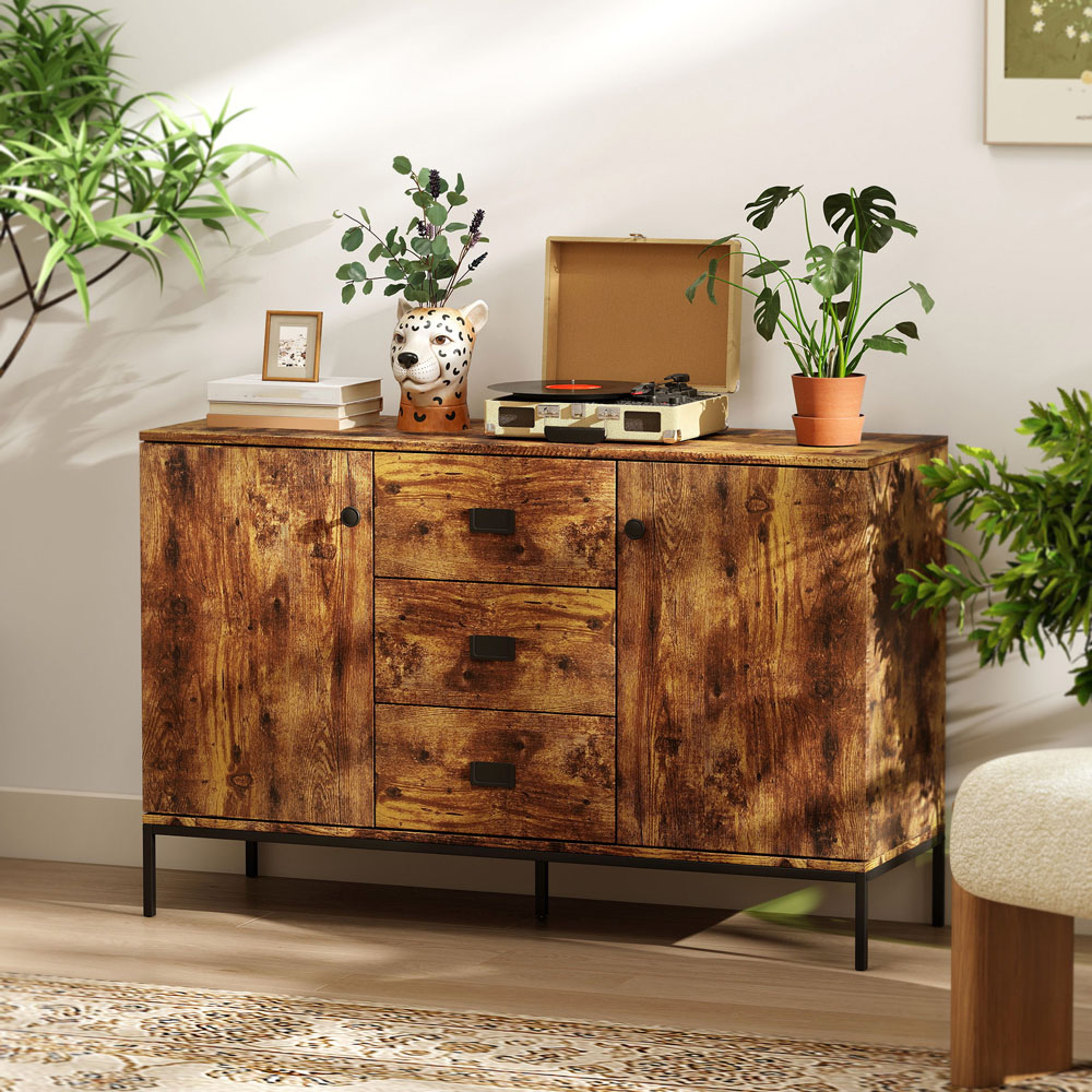 HOMCOM 3 Drawer 2 Door Rustic Brown Modern Storage Cabinet Image 8