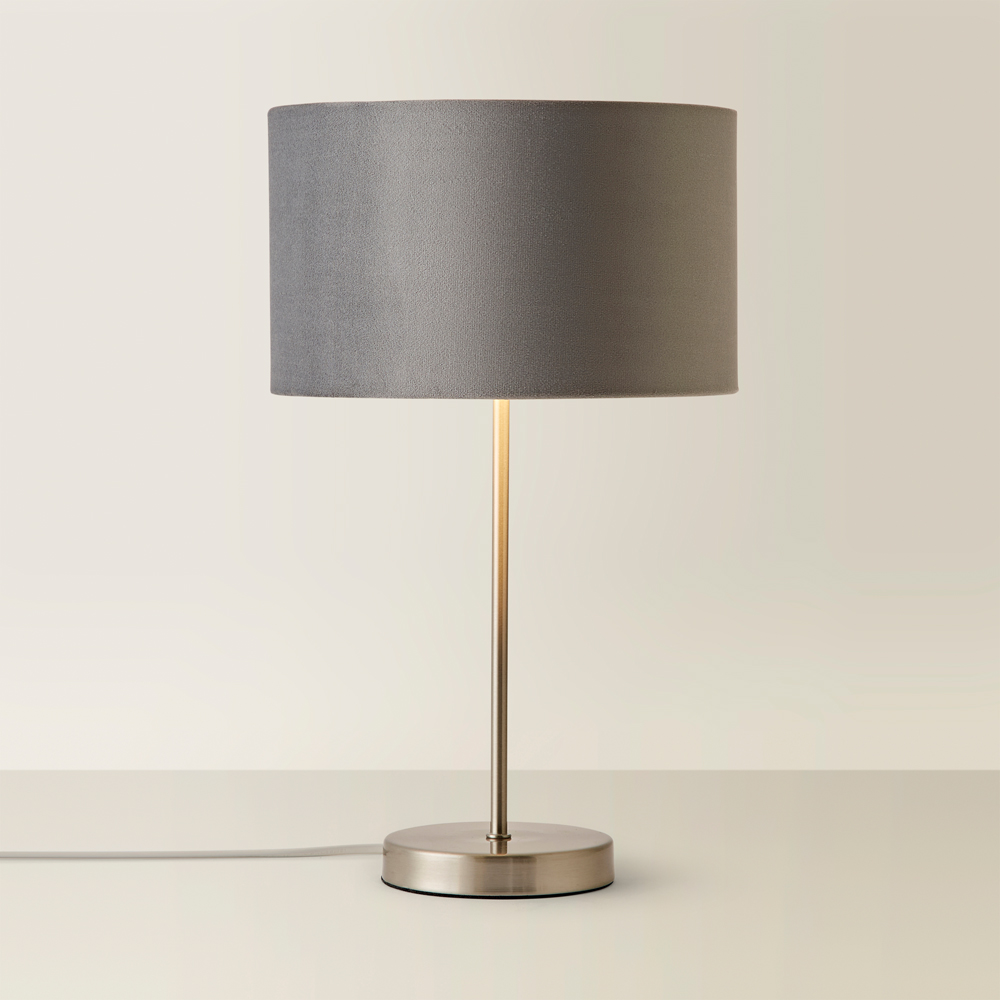 ValueLights Charlie Metallic and Grey Velvet Shade Brushed Chrome Table Lamp and Bulb Image 5