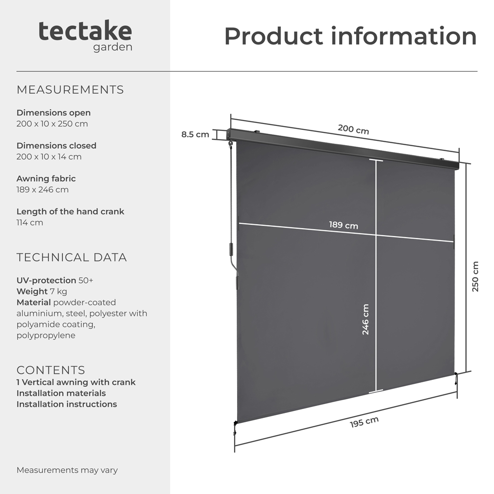 tectake Eloise Black Vertical Awning with 2 Wall Brackets 2 x 2.5m Image 8