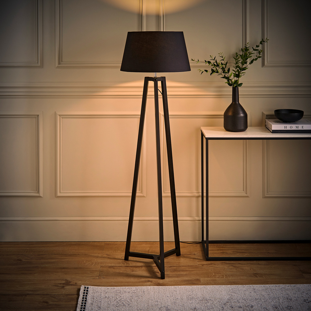 ValueLights Lottie Black Fabric Tapered Shade Black Wood Tripod LED Floor Lamp Image 2