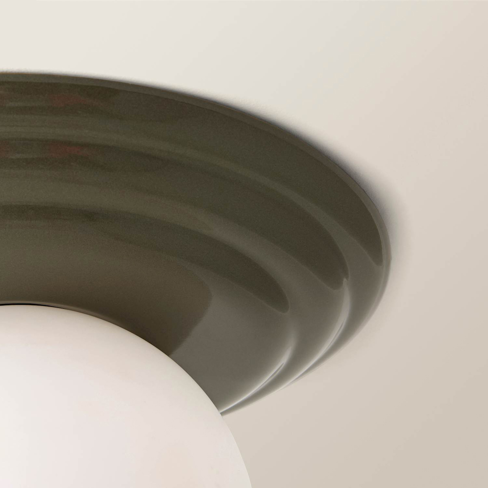 ValueLights Rue Frosted Glass Shade Olive Ribbed Ceramic Base Flush Ceiling Light with Bulb Image 5