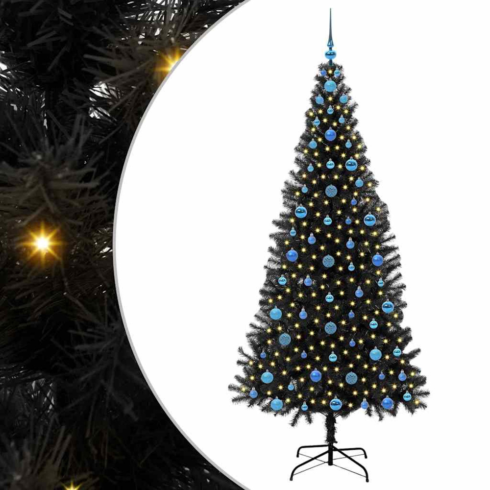 vidaXL Pre-Lit Blue Baubles Black Artificial Christmas Tree 7ft Image 2