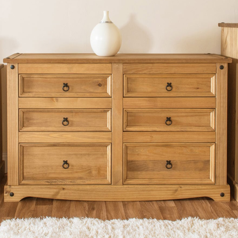 Corona 6 Drawer Antique Wax Wide Chest of Drawers Image 1