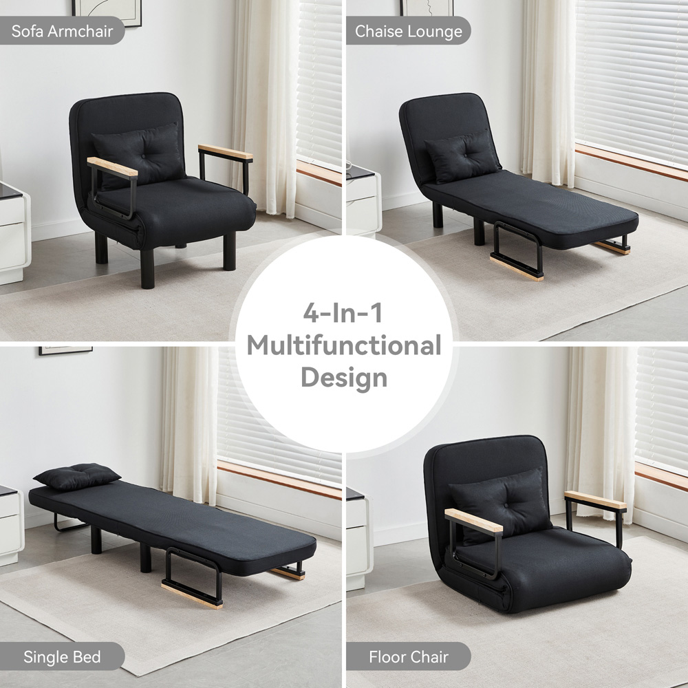 Single Seater Black 4-in-1 Foldable Sofa Bed with Adjustable Backrest and Large Cushion Image 5