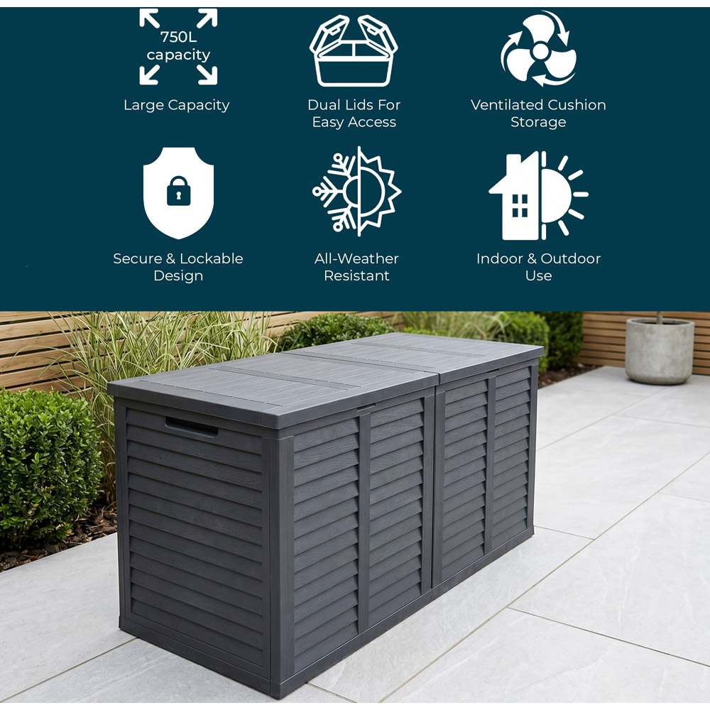 Jack Stonehouse 750L Grey Faux Wood Finish Plastic Garden Storage Box Image 4