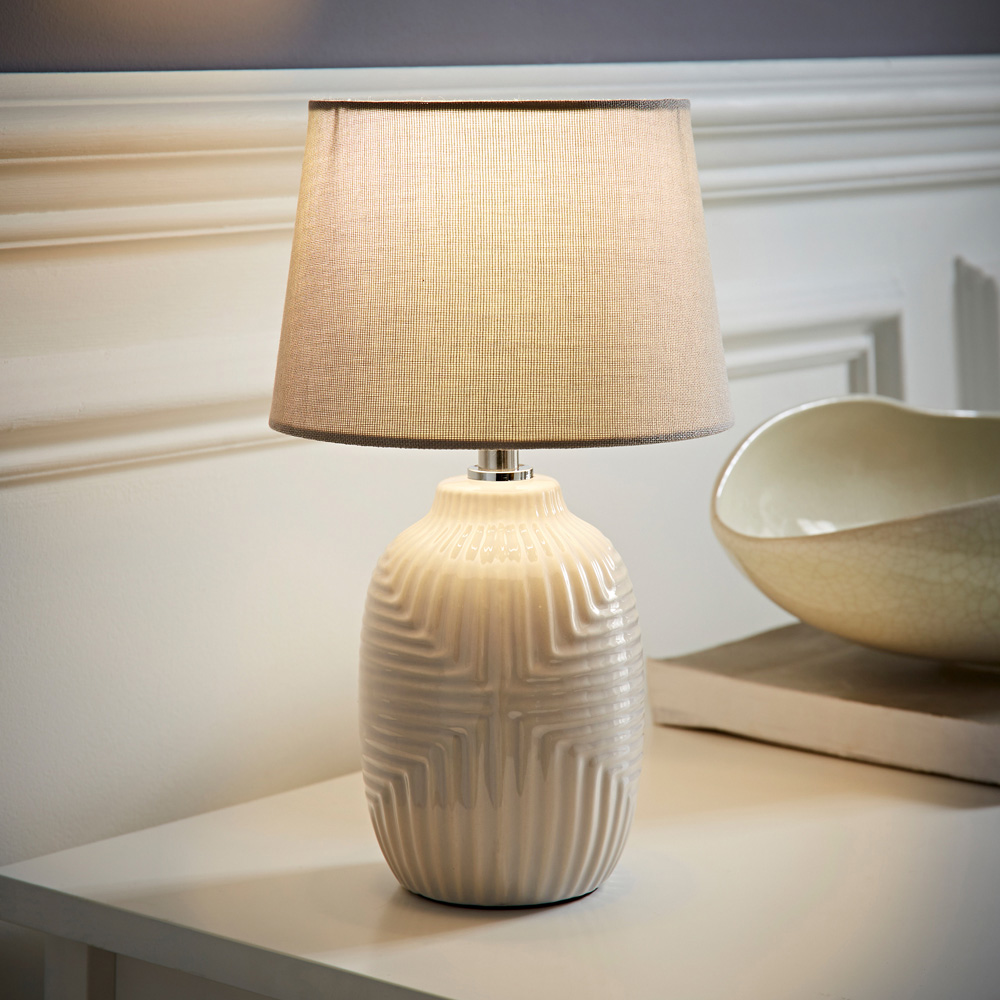 ValueLights Harrison Tapered Shade Grey Geo Ribbed Pattern Gloss Small LED Table Lamp Image 2