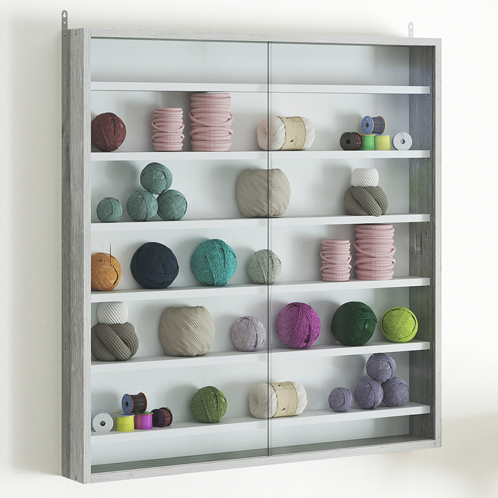 HOMCOM 7-Tier Glass Doors Graphite Wood Effect Wall Display Cabinet Image 1