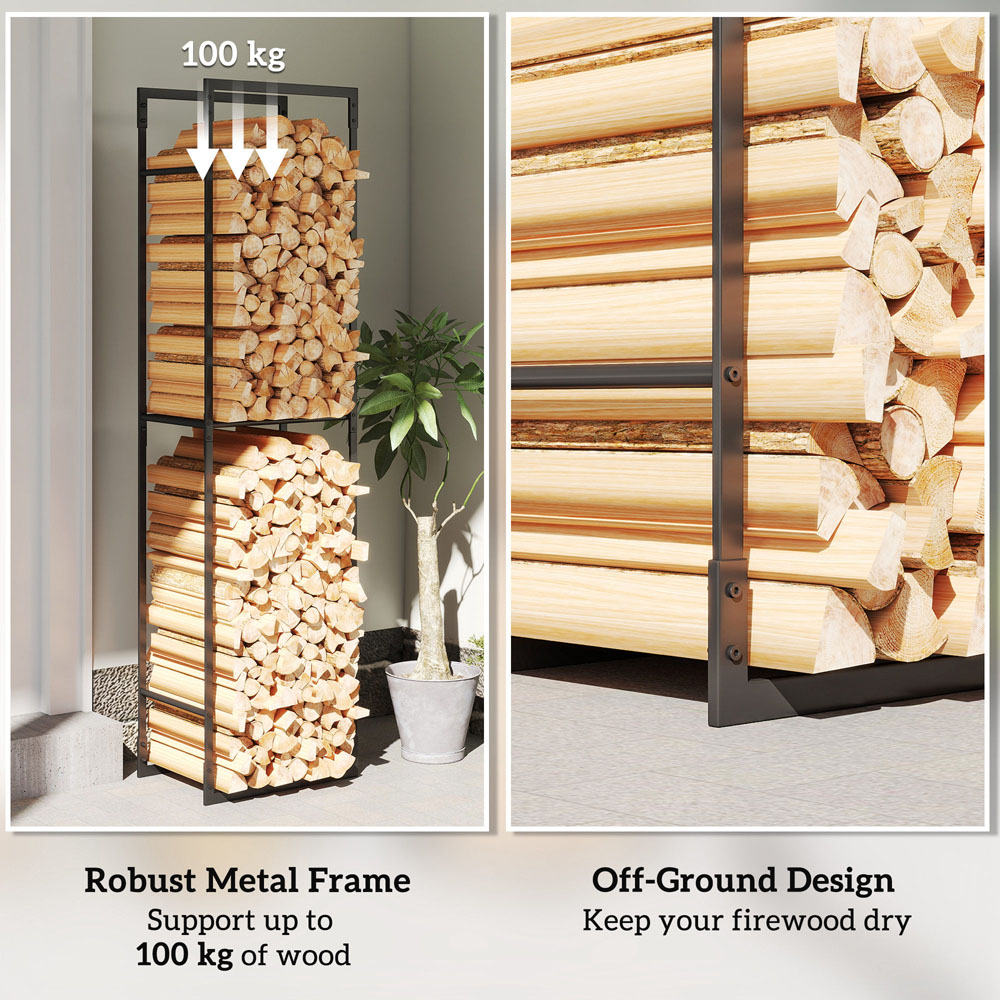 Outsunny Black Metal Firewood Log Holder with Adjustable Shelf 170 x 31 x 45cm Image 6