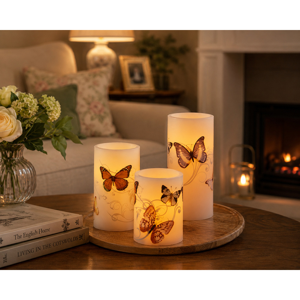 Avilo Butterfly Design Flameless LED Wax Candle 3 Piece Image 2