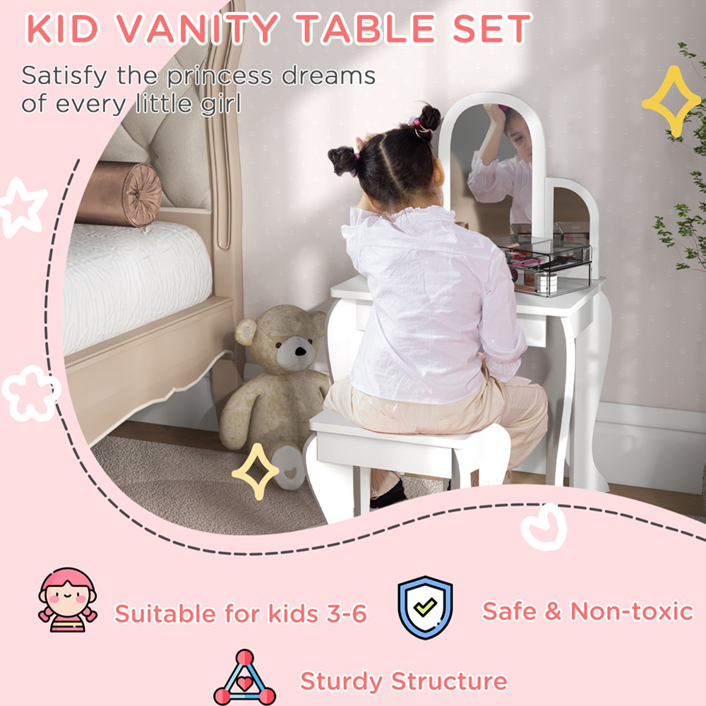 HOMCOM Single Drawer White Mirror Kids Dressing Table and Stool Set Image 8
