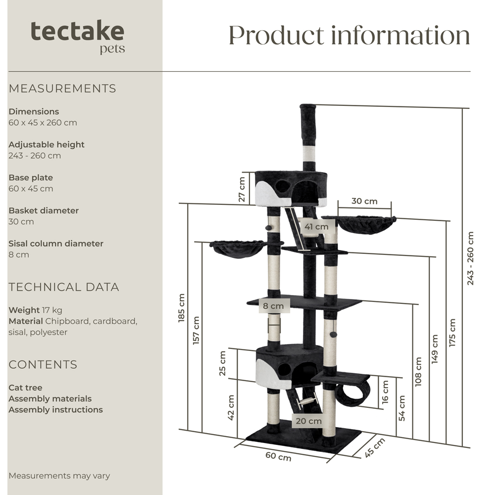 tectake Hansi Black and White Cat Tree with Scratching Posts 260cm Image 9