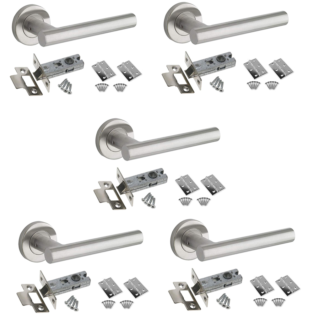 Golden Grace Satin Nickel Straight T-Bar Door Handles Set 5 Pack Image 1