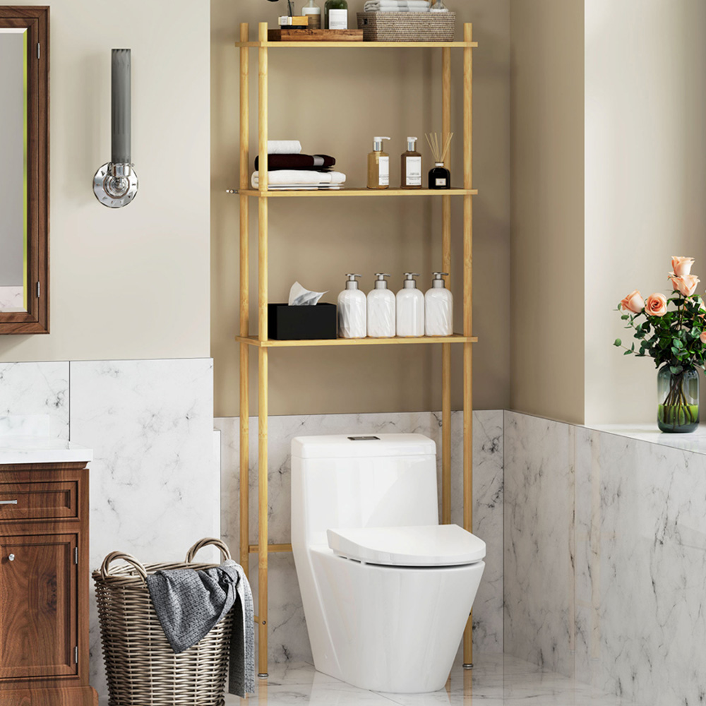HOMCOM 3 Shelf Natural Slatted Bamboo Over Toilet Storage Unit Image 1