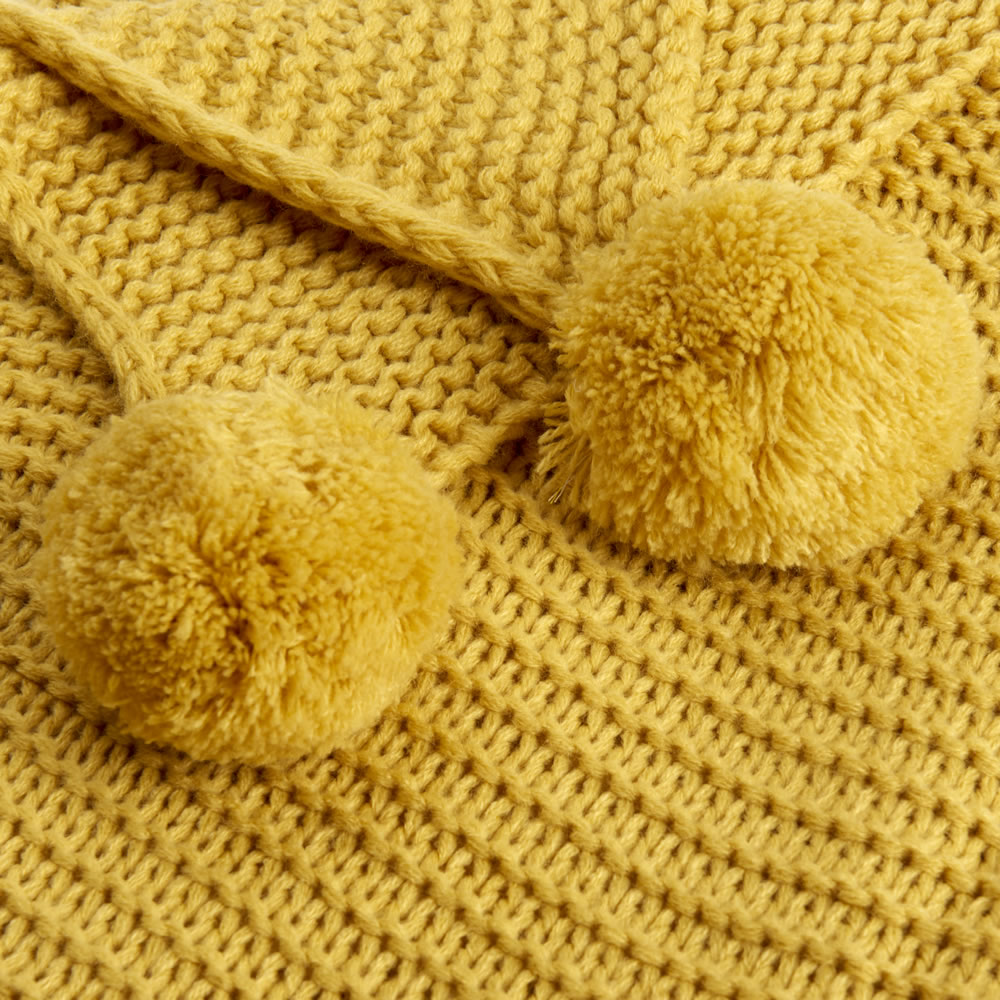 Wilko Mustard Chunky Knit Throw Pom Pom 150 x 180cm Image 2