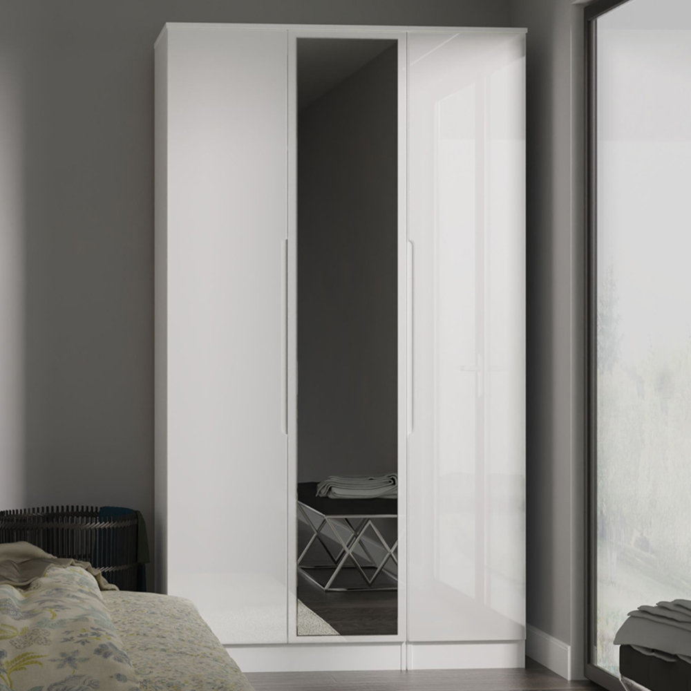 Crowndale Milan 3 Door White Gloss and White Tall Mirror Wardrobe Ready Assembled Image 1