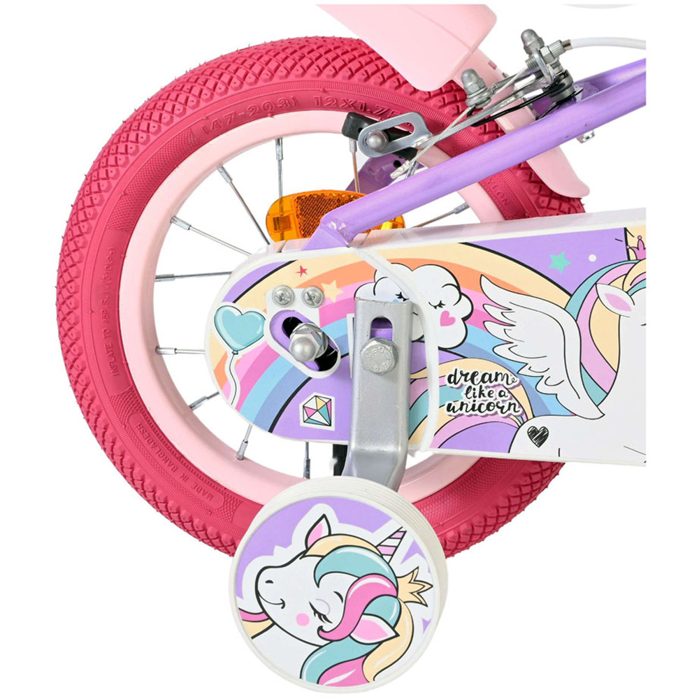 Volare Unicorn Kids 12 inch Purple and Pink Bike with Stabilisers Doll Seat and Basket Image 6
