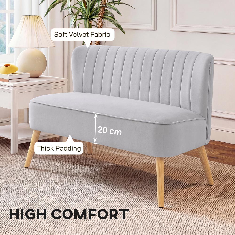 Portland 2 Seater Light Grey Velvet Feel Foam Padded High Back Sofa | Wilko