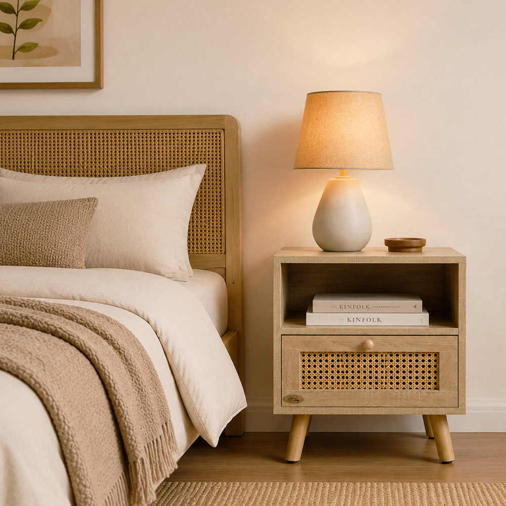 Abrihome Single Drawer Single Shelf Natural Wooden Rattan Nightstand Set of 2 Image 4