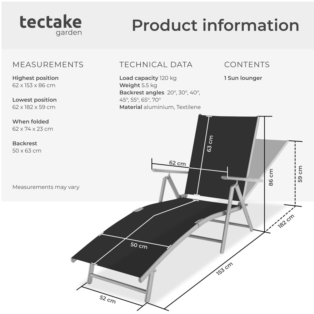 tectake Marisol Black and Silver Foldable and 7 Step Adjustable Sun Lounger Image 9