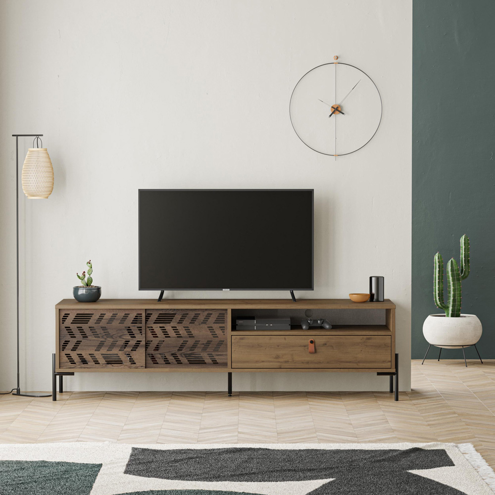 Decortie Dionysos 2 Door Single Drawer Single Shelf Dark Oak Effect TV Stand Image 5
