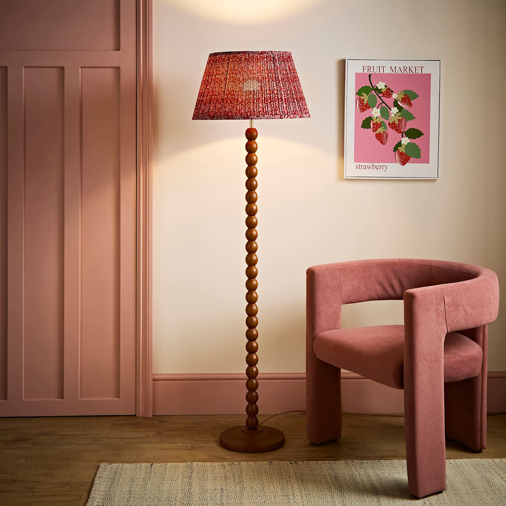 ValueLights Bobble Burgundy Pleated Shade Walnut Wooden Floor Lamp with Bulb Image 6