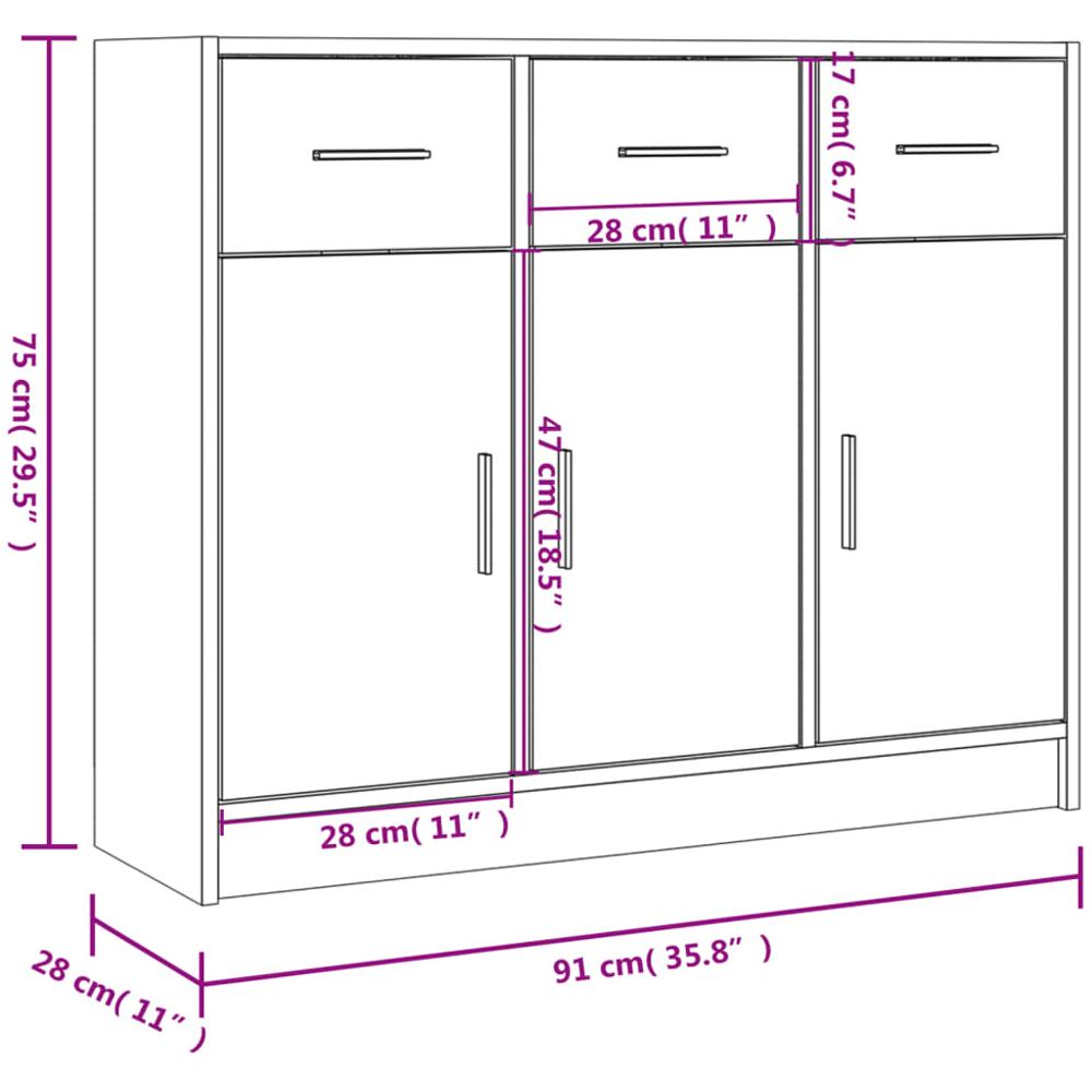 vidaXL 3 Door 3 Drawer White Sideboard Image 9