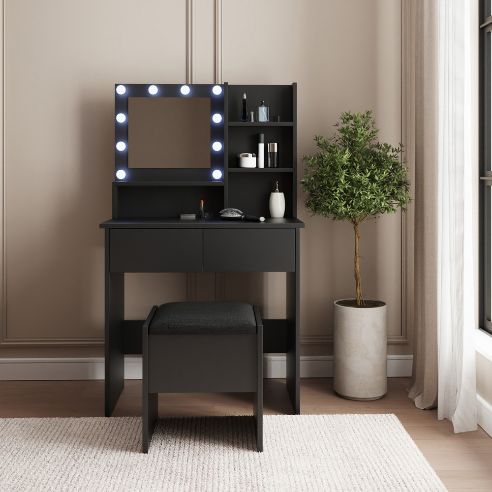 GFW Eva 2 Drawer 4 Shelf Black LED Mirror Dressing Table with Stool Image 7