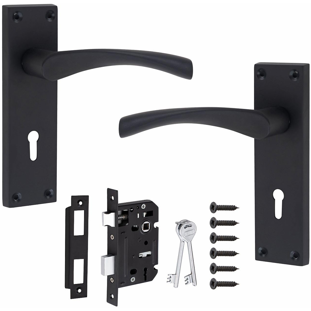 Golden Grace Matt Black Victorian Scroll Astrid Lock Door Handle Set 150 x 40mm Image 1