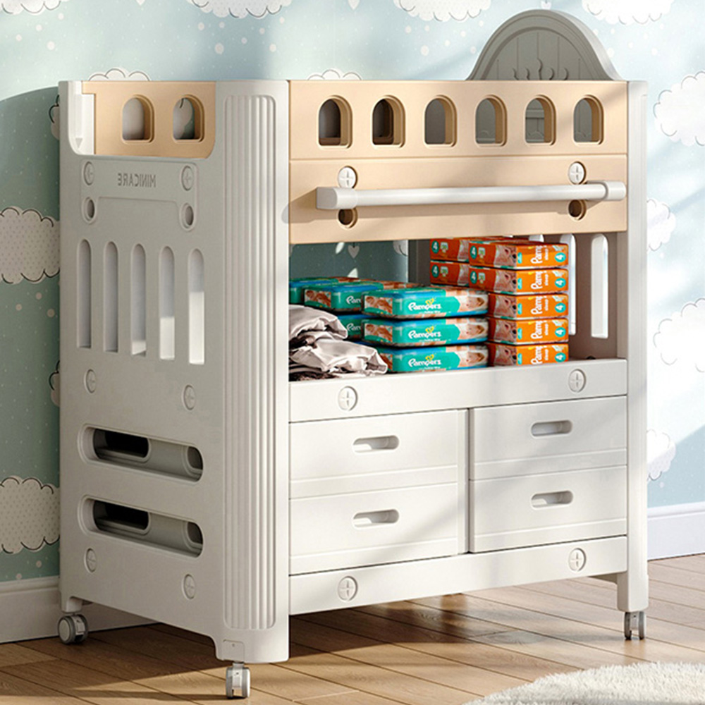 H&O Direct 4 Drawer Single Shelf Brown Rolling Baby Diaper Changing Table Image 1