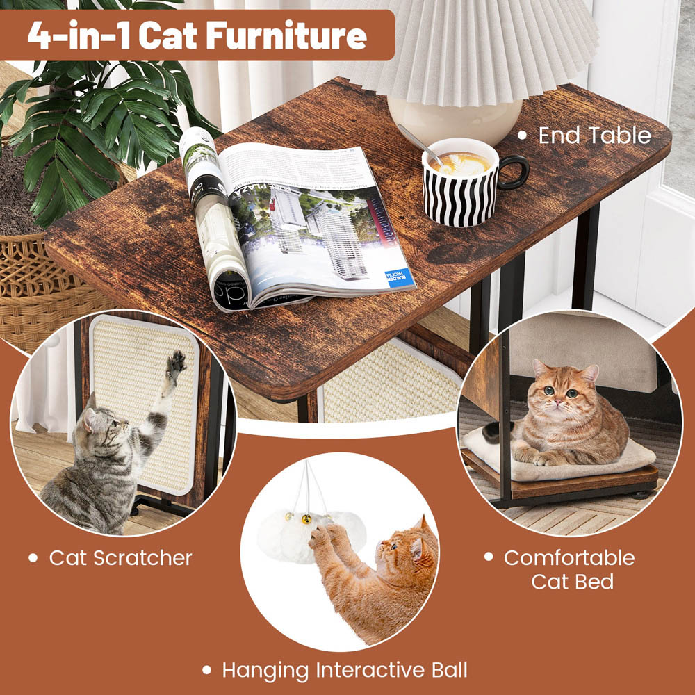 Costway Rustic Brown Side Table with Cat Tree Image 5