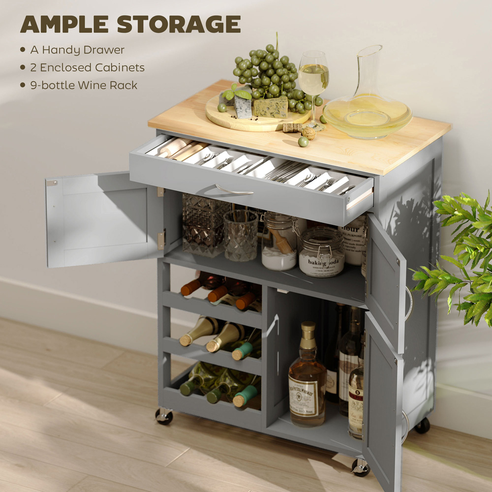 Portland 3 Door Single Drawer Grey Rolling Kitchen Island Trolley Image 8